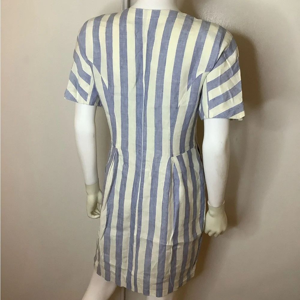 Elegant Linen Chunky Gold Button Blue and White Striped Midi Dress VTG - Picture 3 of 13
